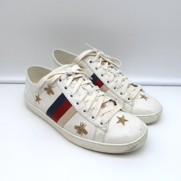 GUCCI ACE BEES & STARS EMBROIDERED SNEAKERS WHITE LEATHER SIZE 35.5 (Runs Large) - Picture 3 of 12